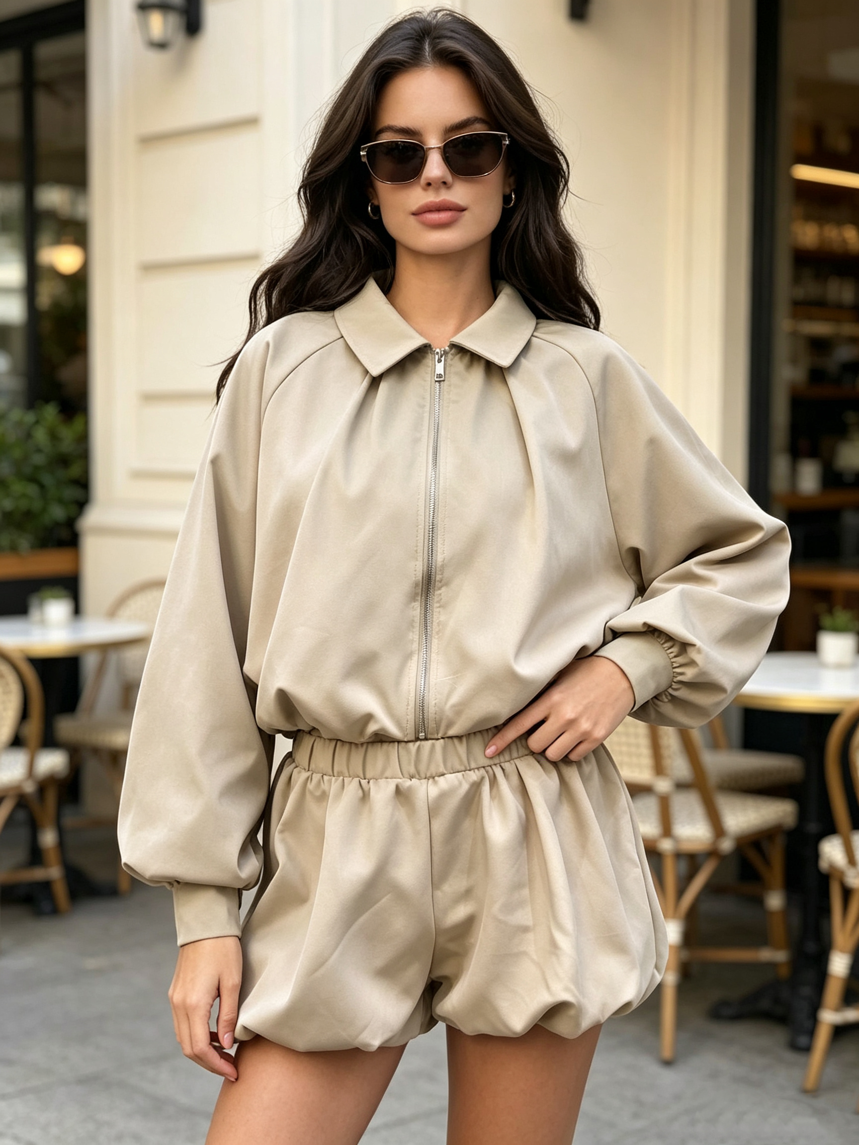Mayorista MP - Conjunto de chaqueta bomber con cremallera y cuello de camisa con pantalones cortos abombados