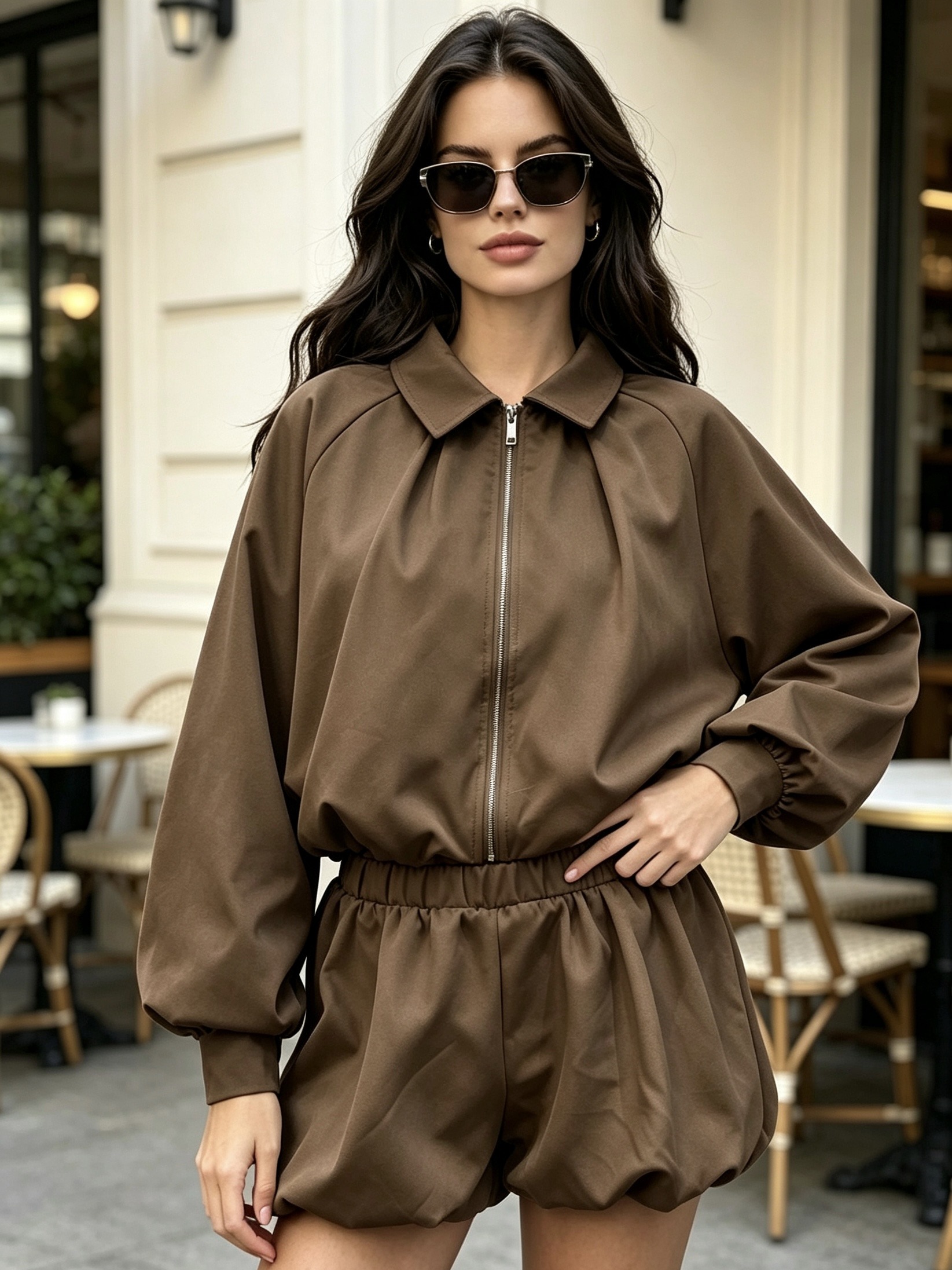 Wholesaler MP - Set with zip-up bomber jacket with shirt collar and puff shorts