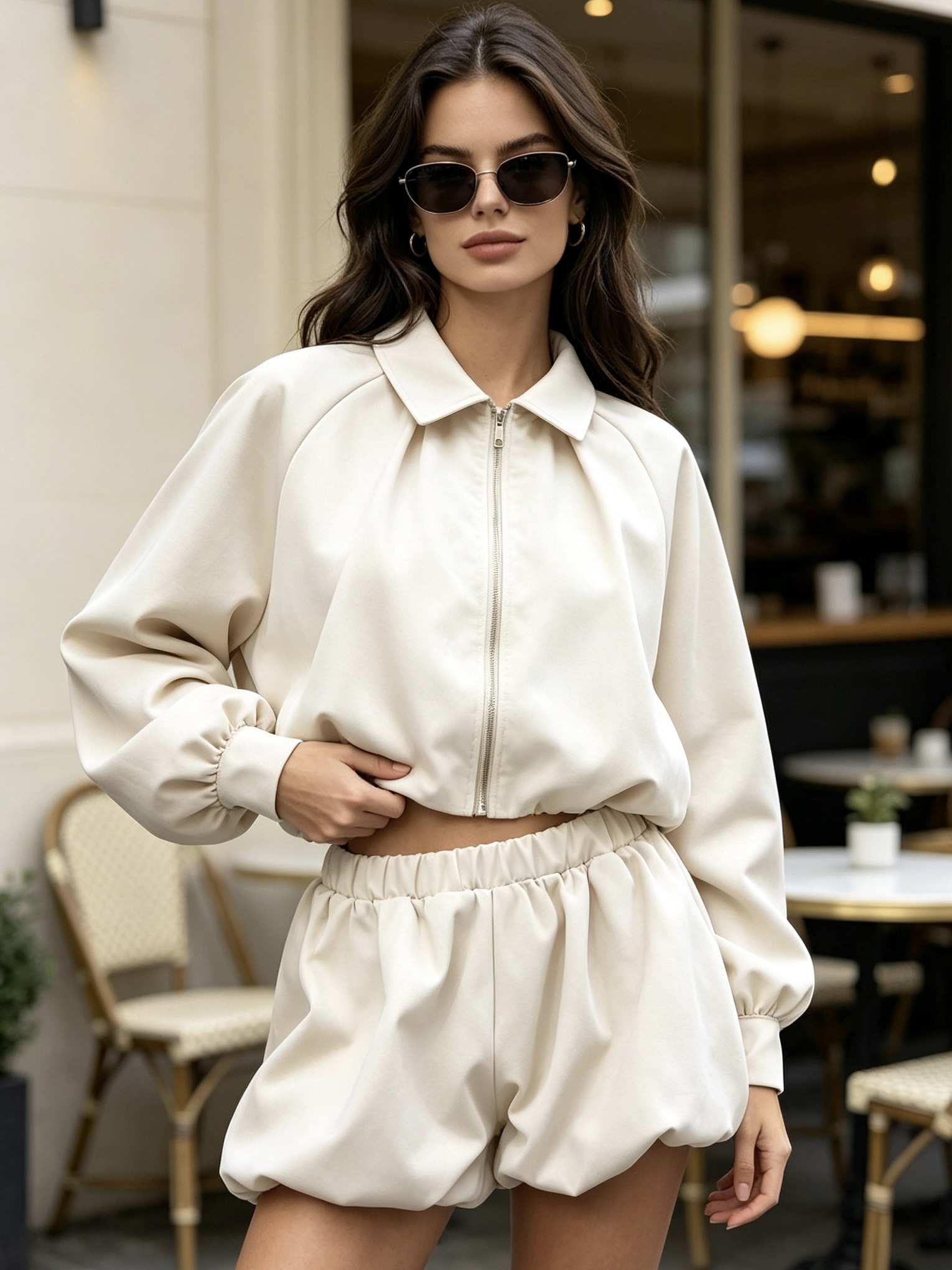 Wholesaler MP - Bomber jacket set with zip and shirt collar paired with puff shorts