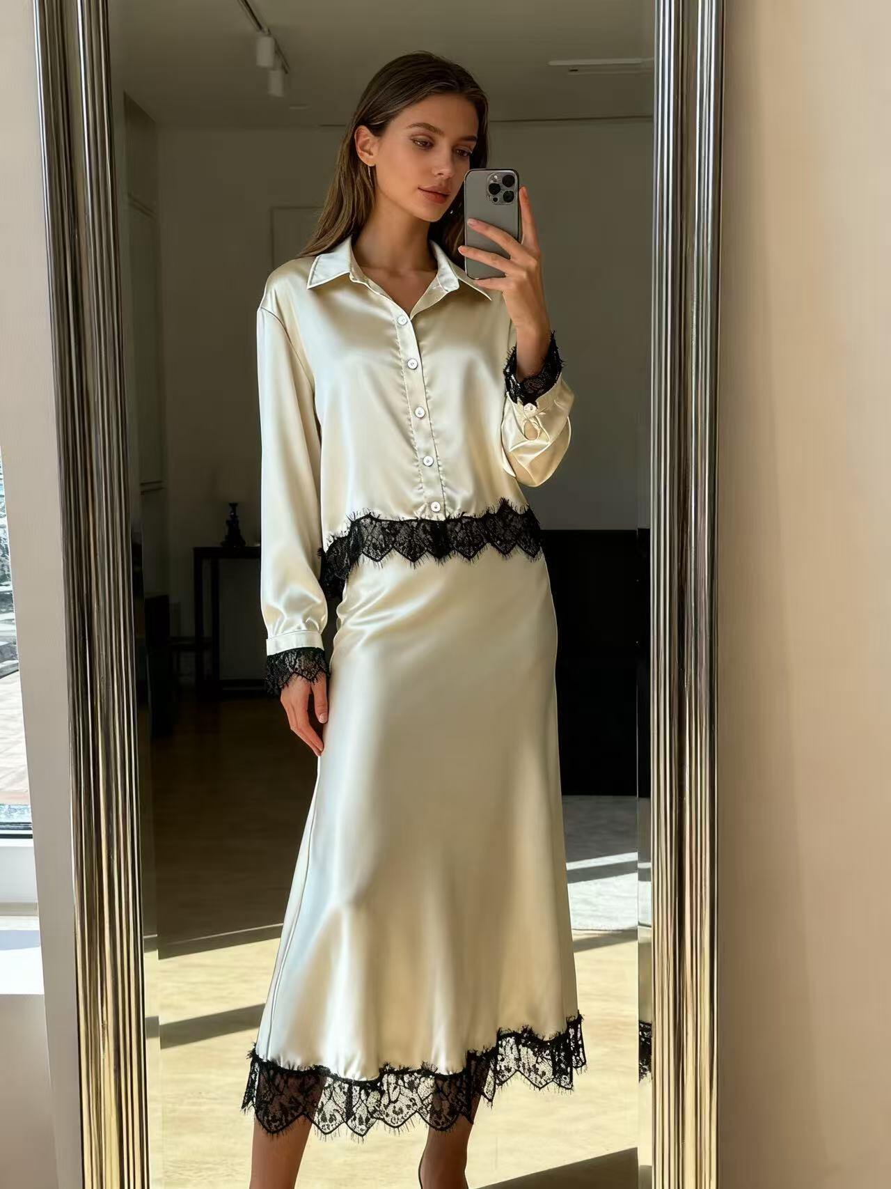 Grossista MP - Completo Satinato: Camicia e Gonna con Pizzo