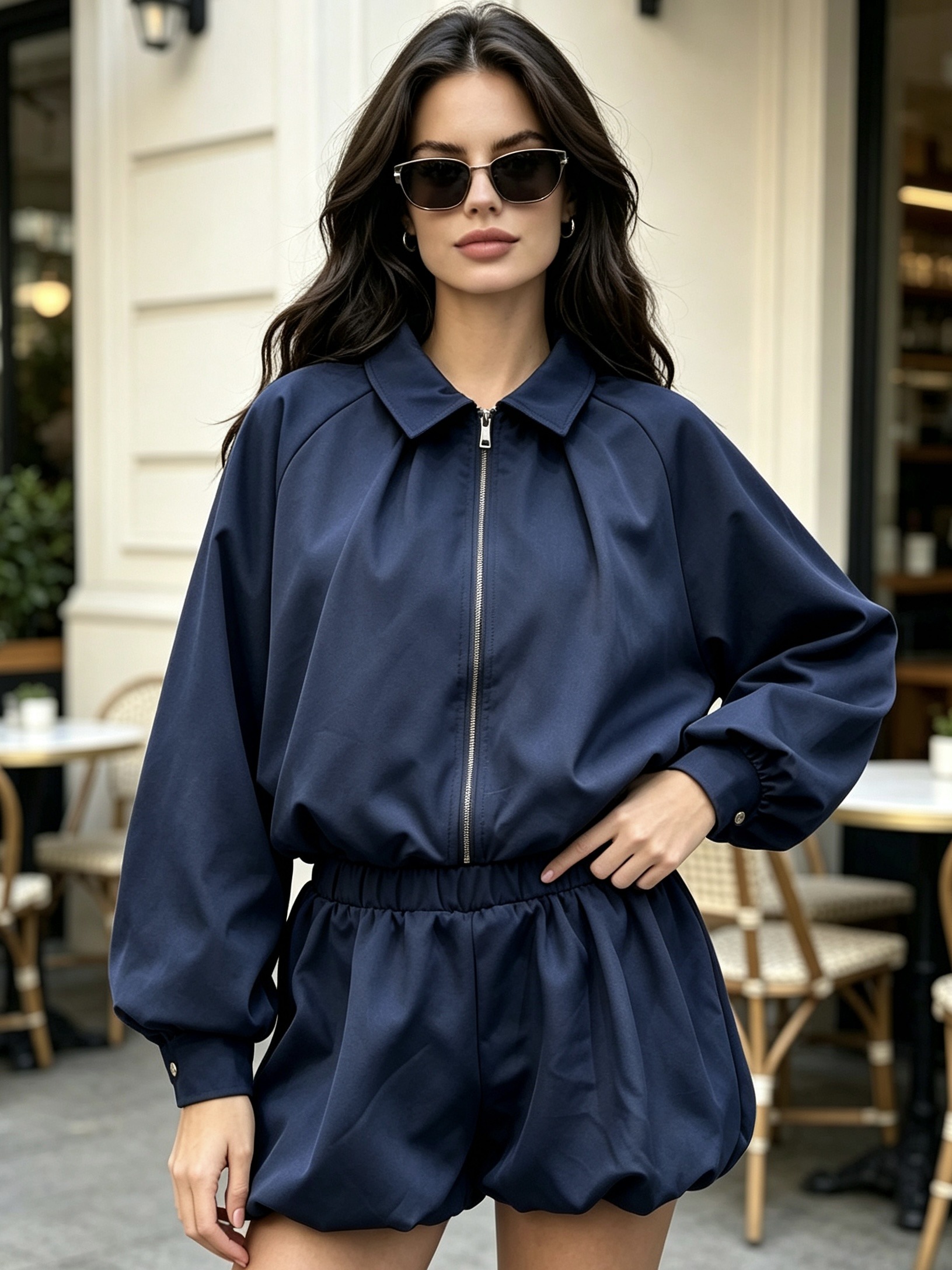Grossiste MP - Ensemble veste bomber zippée à col chemise avec short bouffant