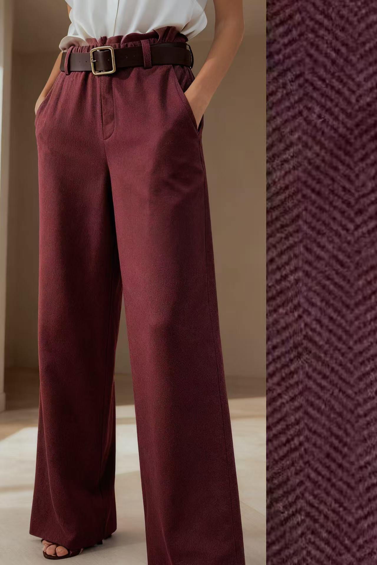 Grossiste MP - Pantalon Large Taille Haute en Motif Tissu Texturé avec Ceinture