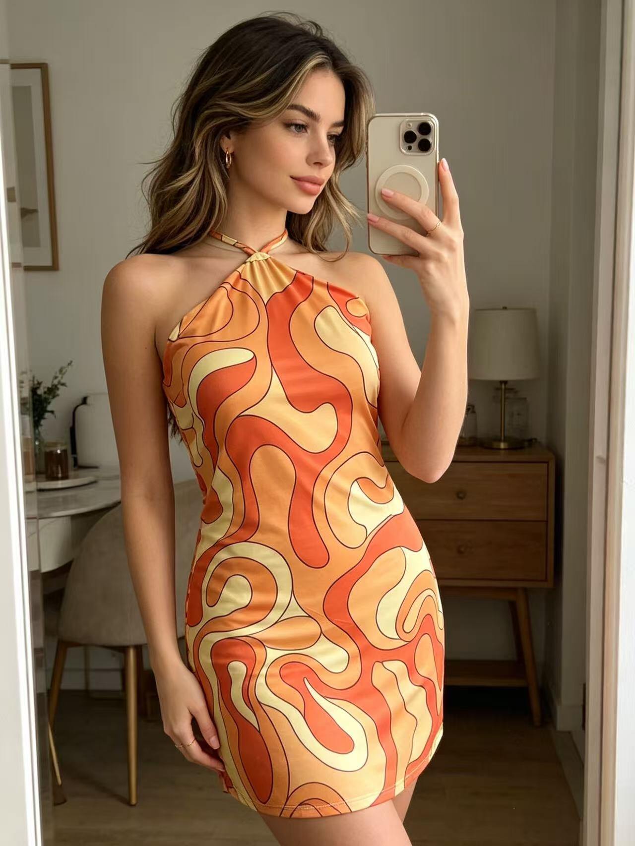 Wholesaler MP - Vintage psychedelic print halter neck mini dress
