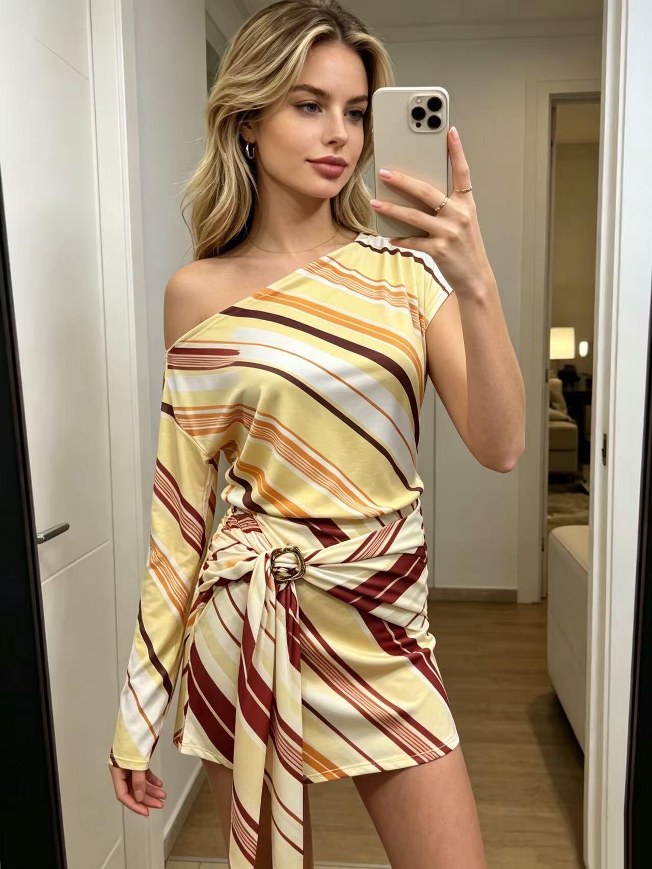Wholesaler MP - Mini diagonal striped bodycon dress with asymmetrical cut and metallic ball waist tie
