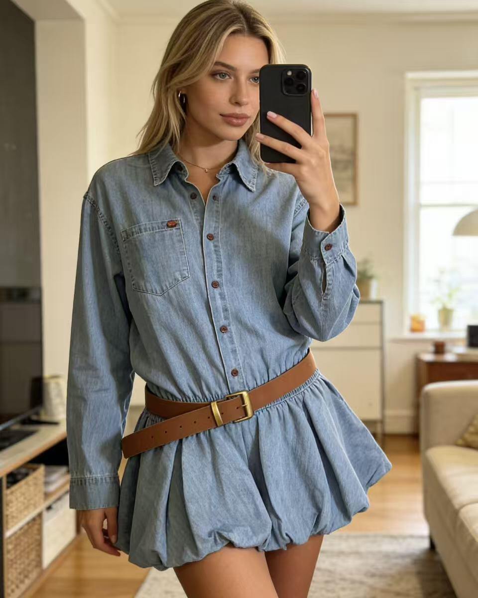 Grossiste MP - Robe chemise bouffante en denim avec ceinture