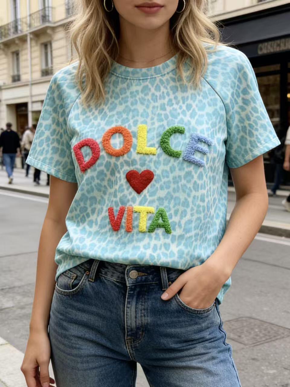 Grossiste MP - T-shirt imprimé léopard avec lettre broderie DOLCE VITA