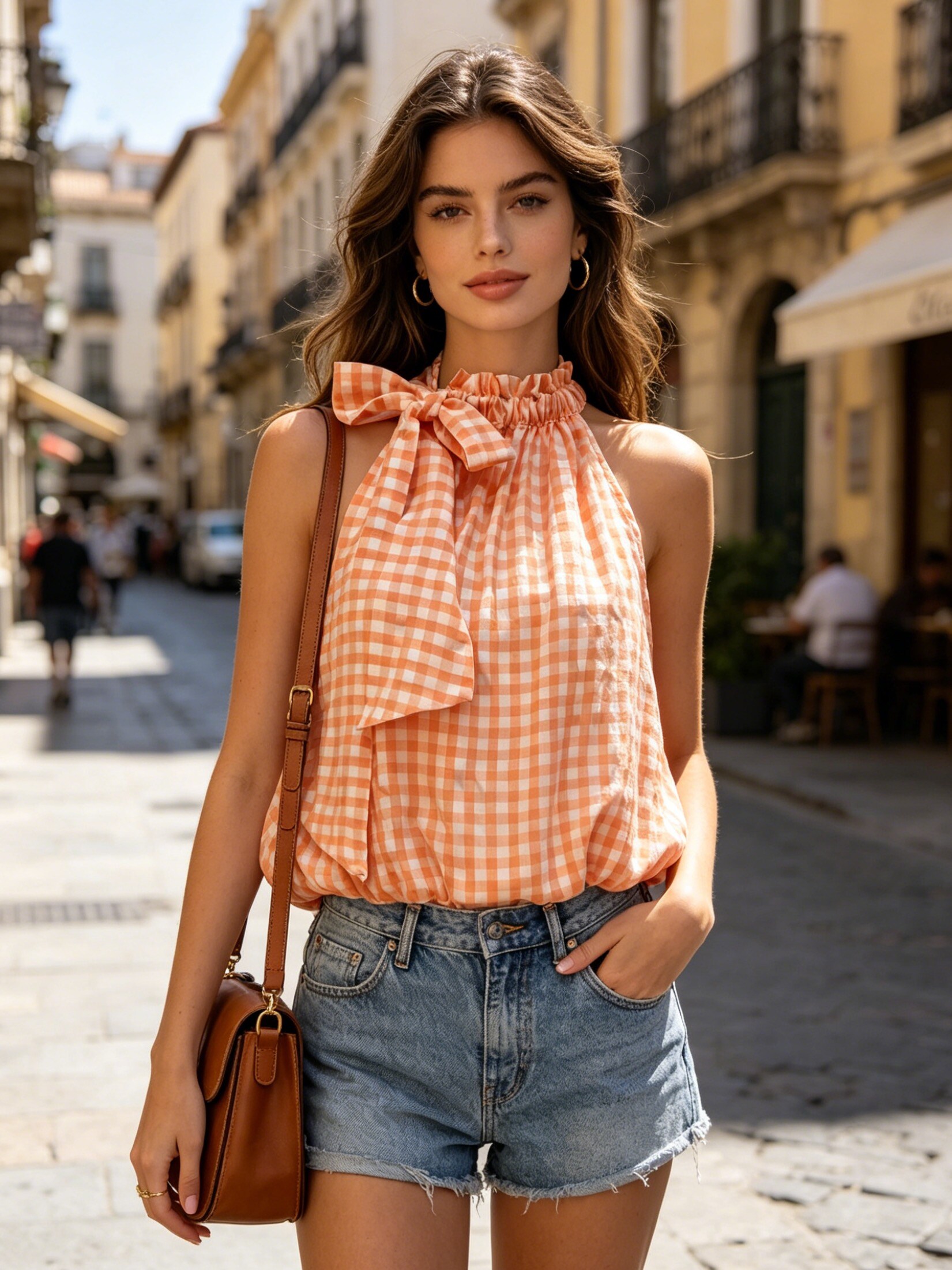 Mayorista MP - Blusa sin mangas de cuadros Vichy con cuello anudado