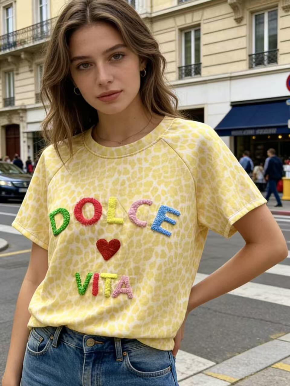 Grossiste MP - T-shirt imprimé léopard avec lettre broderie DOLCE VITA