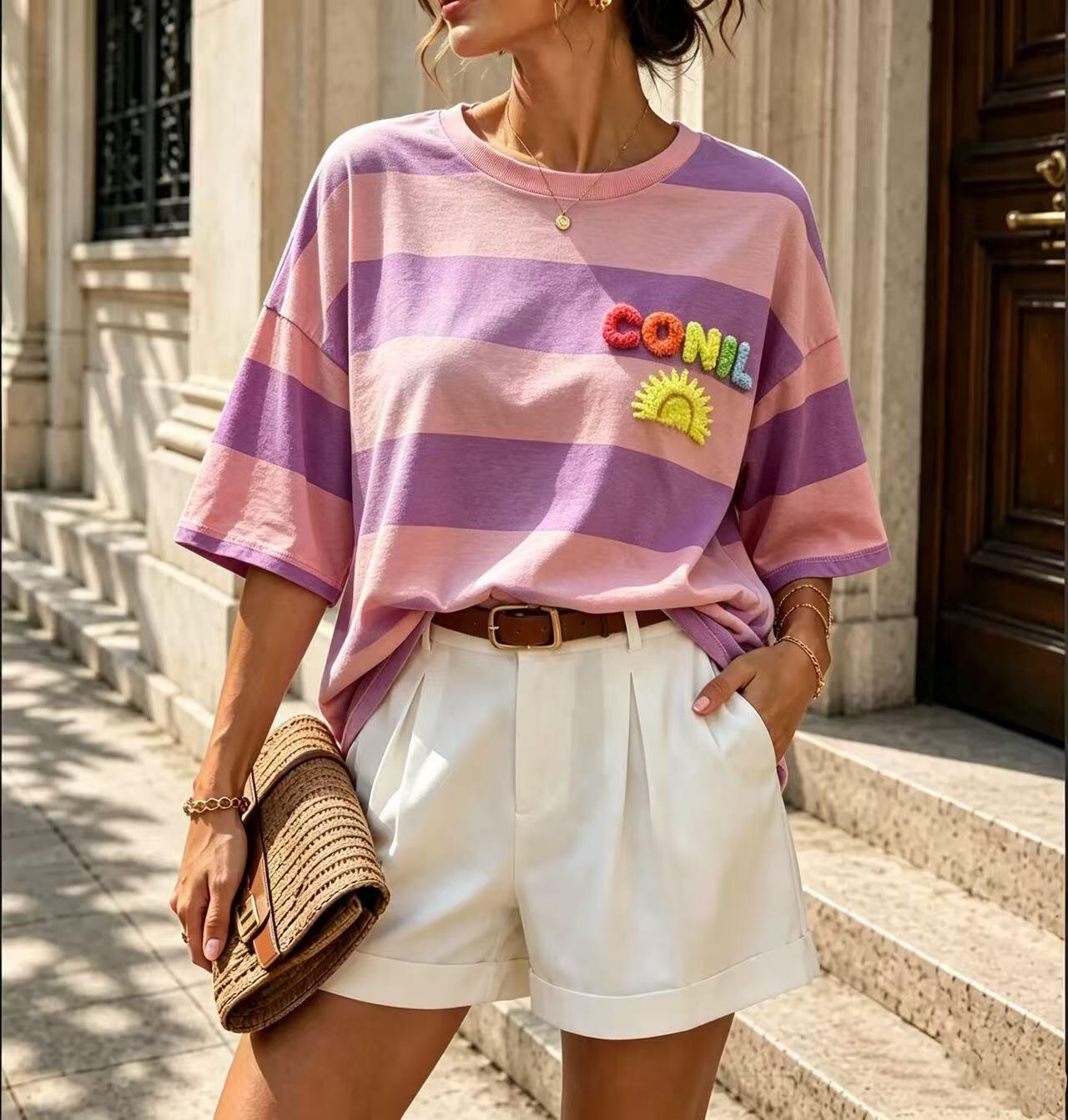 Grossiste MP - T-shirt décontracté rayé avec broderie éponge colorée CONIL + soleil