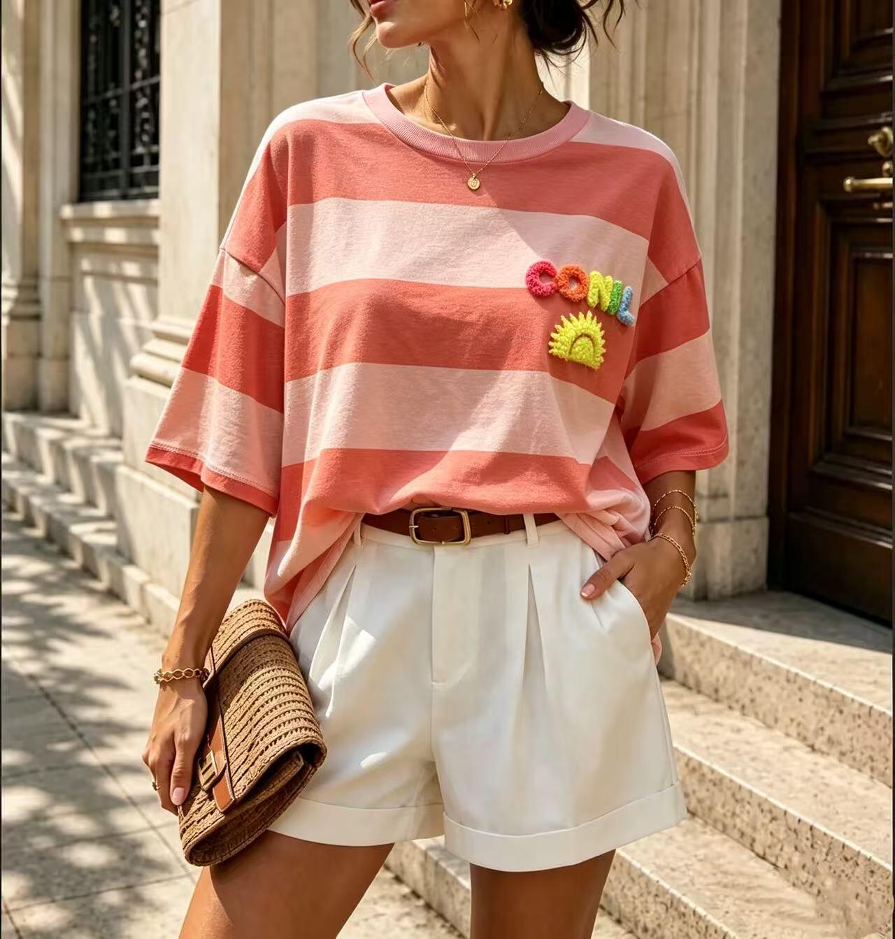 Grossiste MP - T-shirt décontracté rayé avec broderie éponge colorée CONIL + soleil