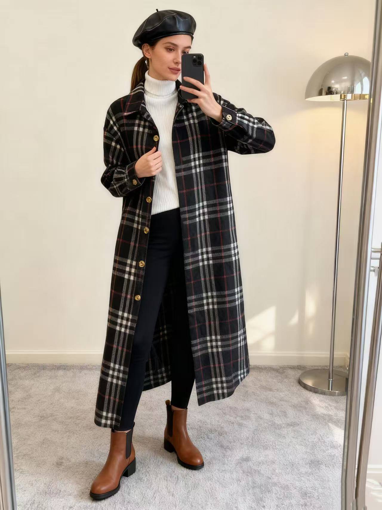 Long Checked Jacket with Pockets Paris Fashion Shops