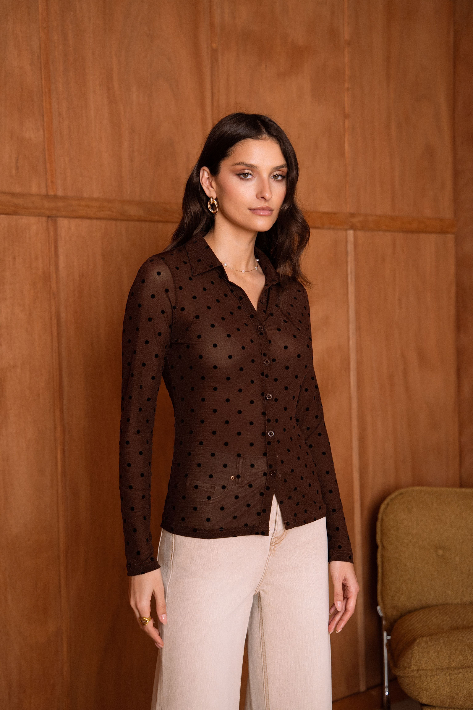 Wholesaler MW Studio - Stretch mesh shirt with a sheer polka dot effect