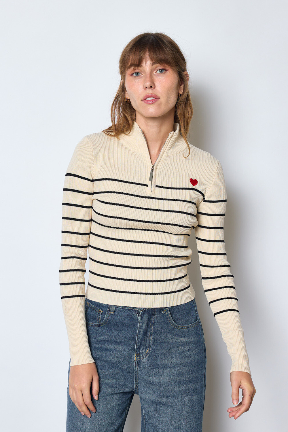 Wholesaler MW Studio - long sleeve striped sweater with heart embroidery