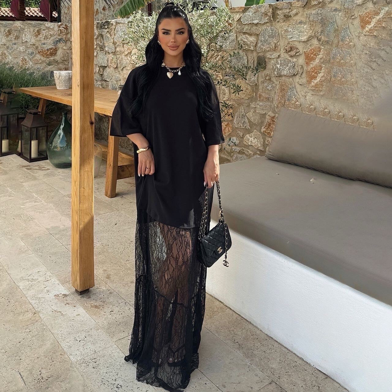 Grossista MW Studio - ABITO T SHIRT IN COTONE E PIZZO