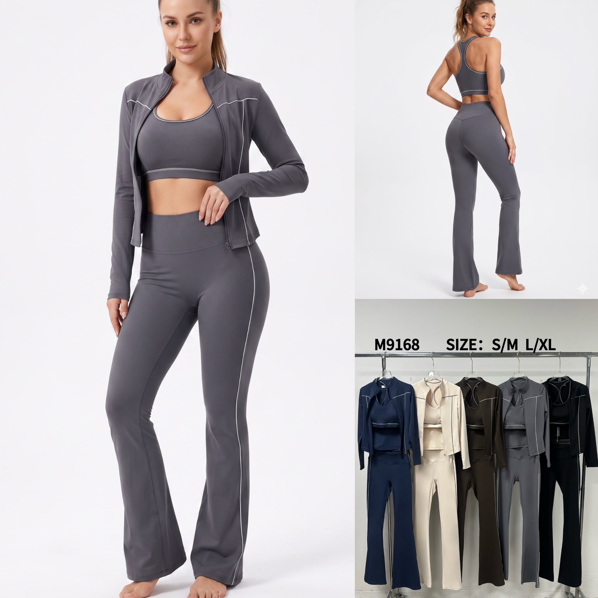 Großhändler My Queen - 3-teiliges Damen-Sport-/Yoga-/Pilates-Set – Schlaghose, Sport-BH und Reißverschlussjacke