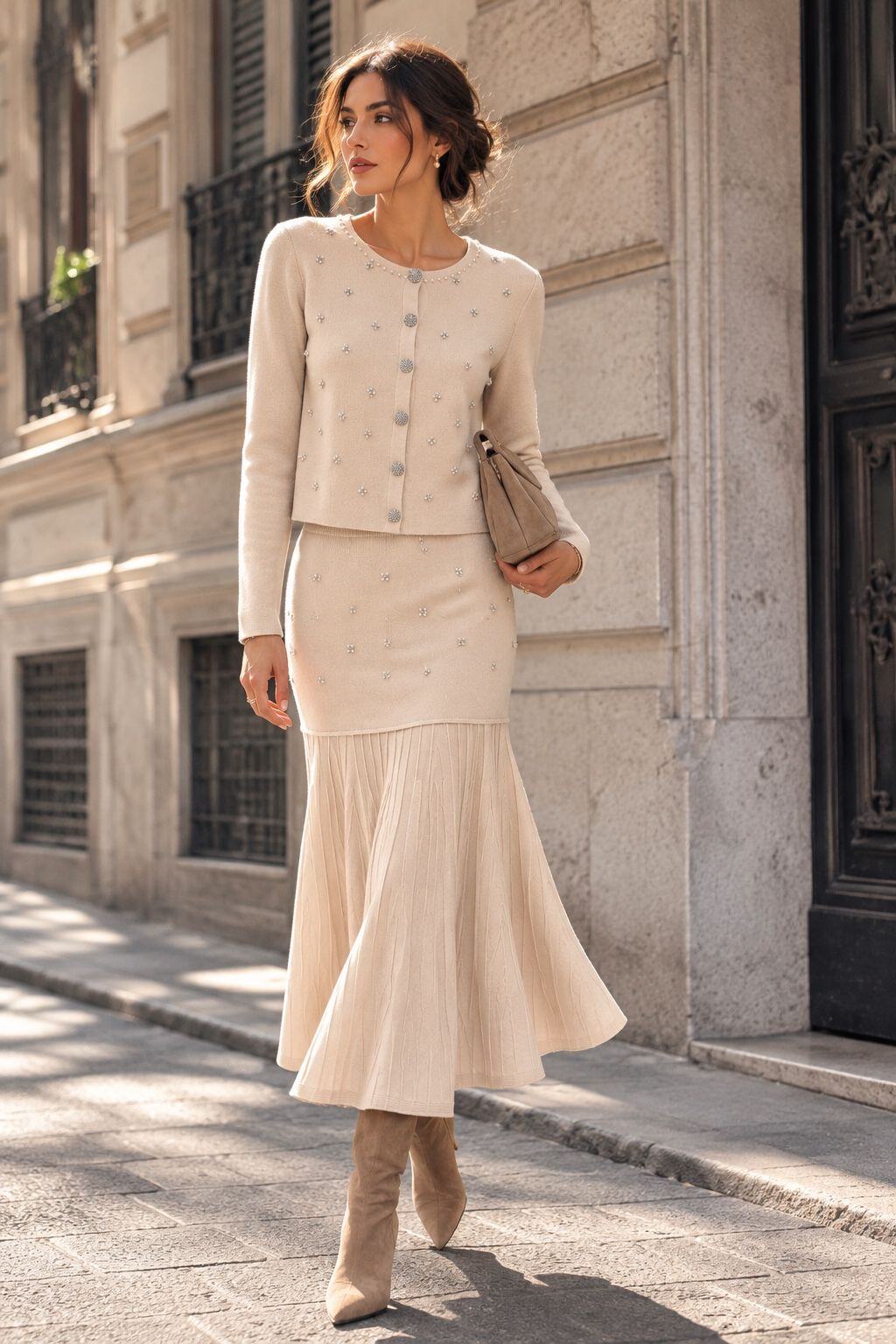 Wholesaler My Style - Knit set embellished with pearls, top and skirt