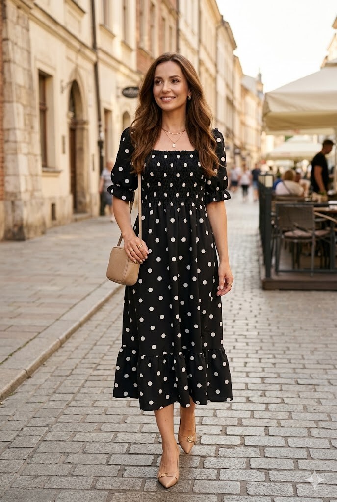 polka dot short sleeve dress Lady Black Tie - Short Sleeve White & Black Polka Dot Midi Dress