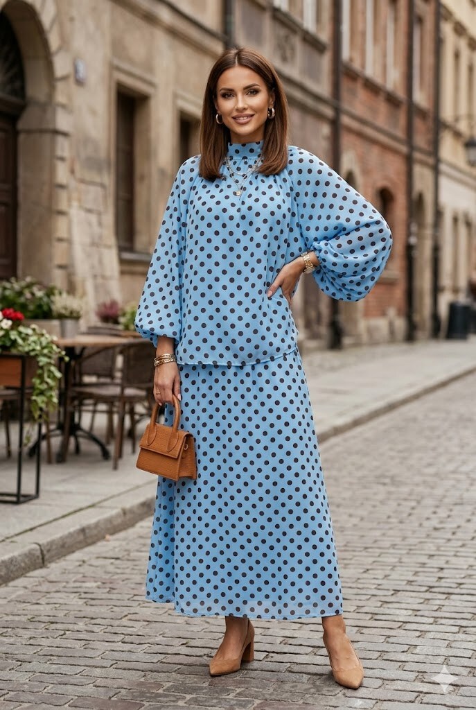 Grossiste My Style - Ensemble mousseline à pois haut manches bouffantes et jupe