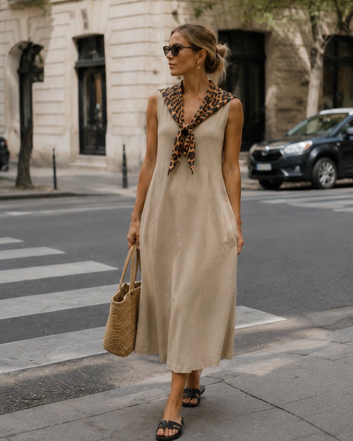 Grossiste My Style - Robe fluide sans manches avec foulard à motif léopard
