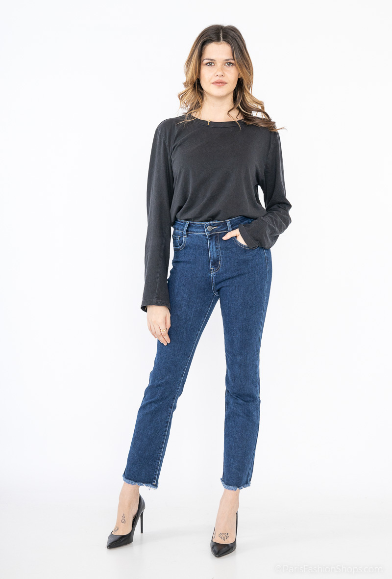 Wholesaler My Tina's - Cropped blue straight jeans with fringed bottoms