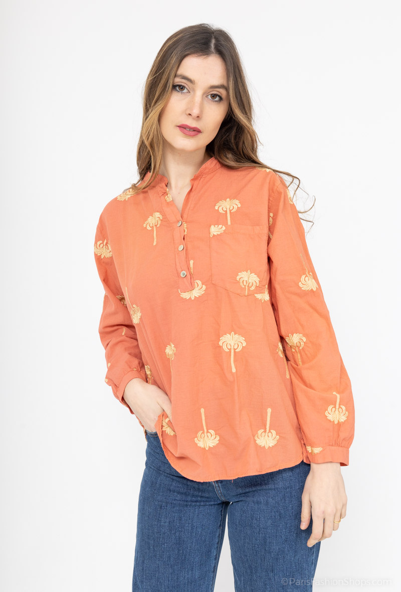 Mayorista Mylee - Blusa de algodón con bordado de palmeras