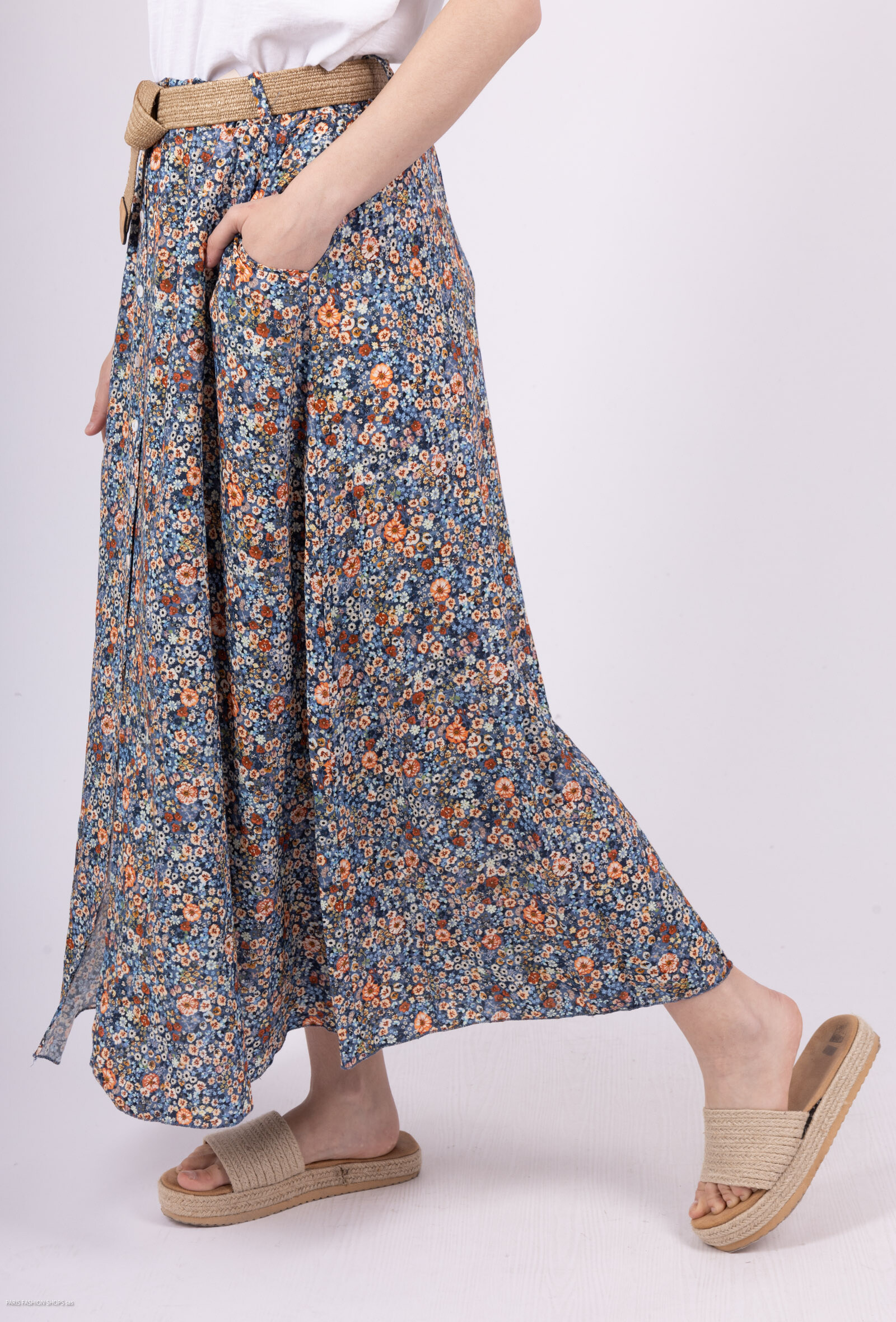 Grossiste Mylee - Jupe Longue Fleurie Boutonnée Ceinture