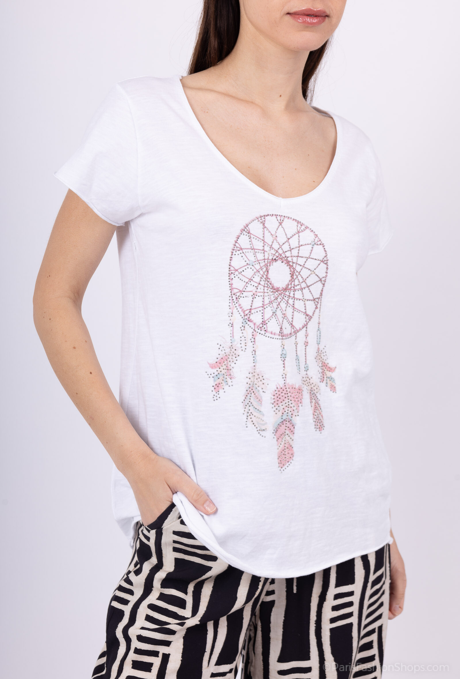 Grossista Mylee - T-shirt di cotone stampato con strass di erba da sogno