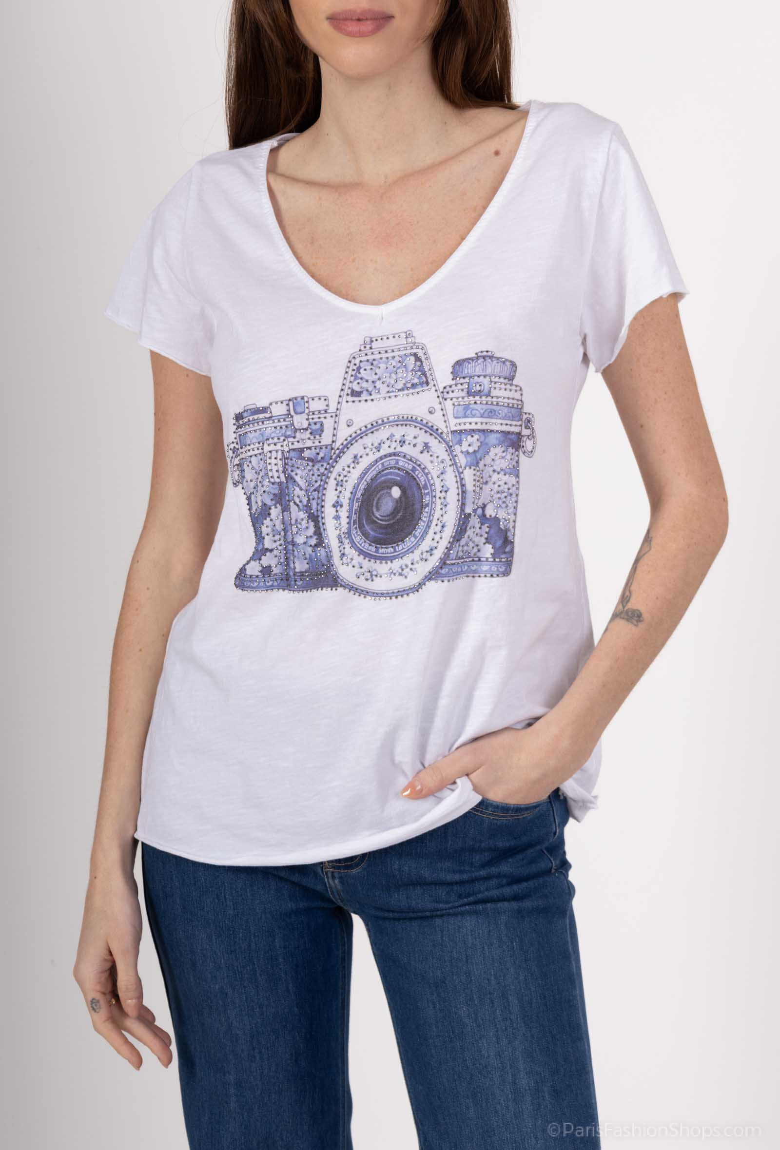 Wholesaler Mylee - Camera print T-shirt with rhinestones