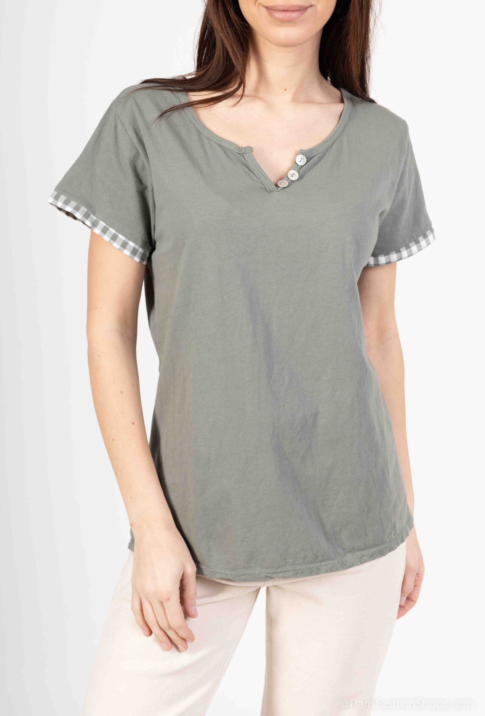Wholesaler Mylee - T-shirt tunisian collar with button in Vichy