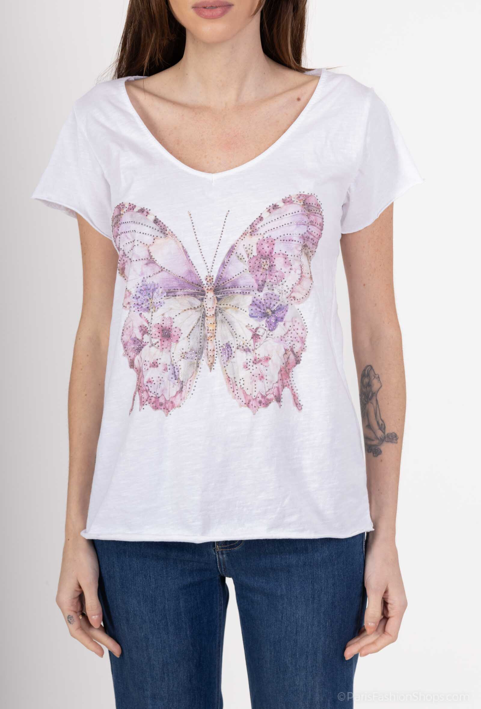 Wholesaler Mylee - Butterfly print T-shirt with rhinestones