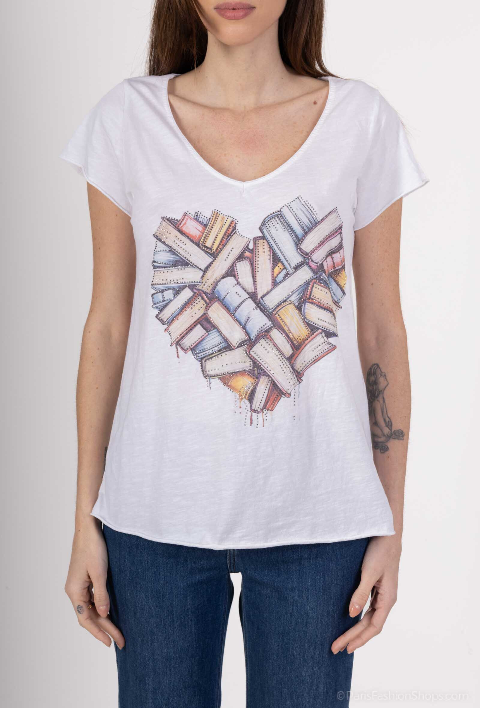 Wholesaler Mylee - Book heart printed t-shirt with rhinestones