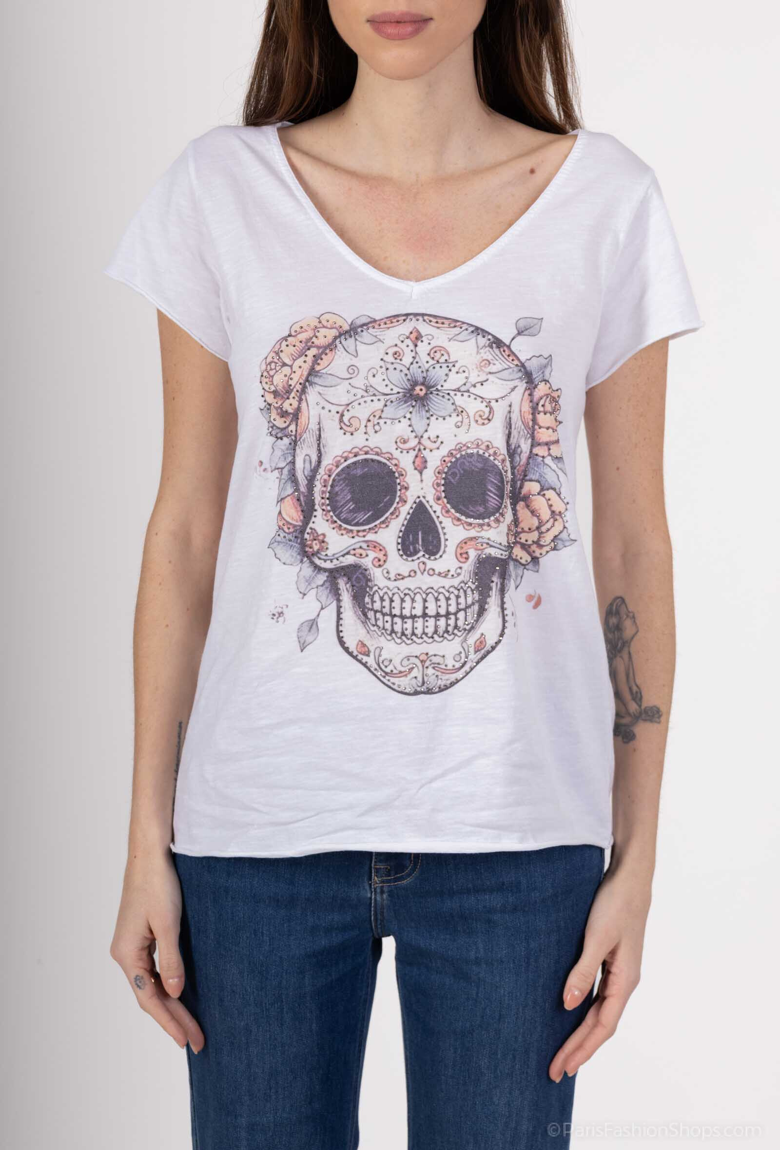Wholesaler Mylee - Printed t-shirt with tattoo head and rhinestones