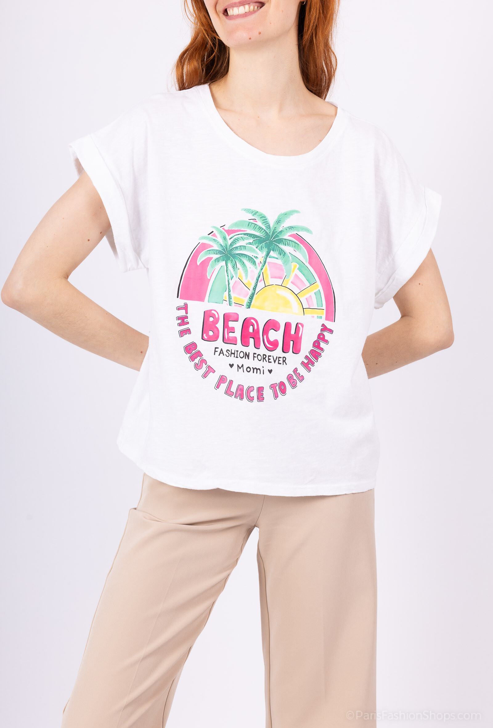 Grossista Mylee - T-shirt in cotone stampato in spiaggia