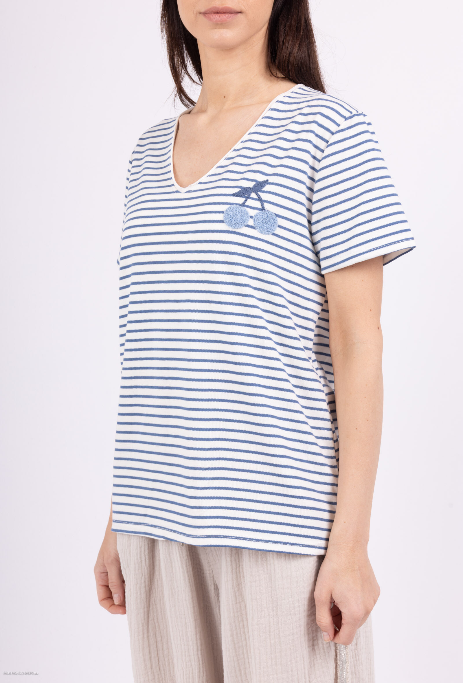 Grossiste Mylee - T-shirt Rayé Broderie Cerise