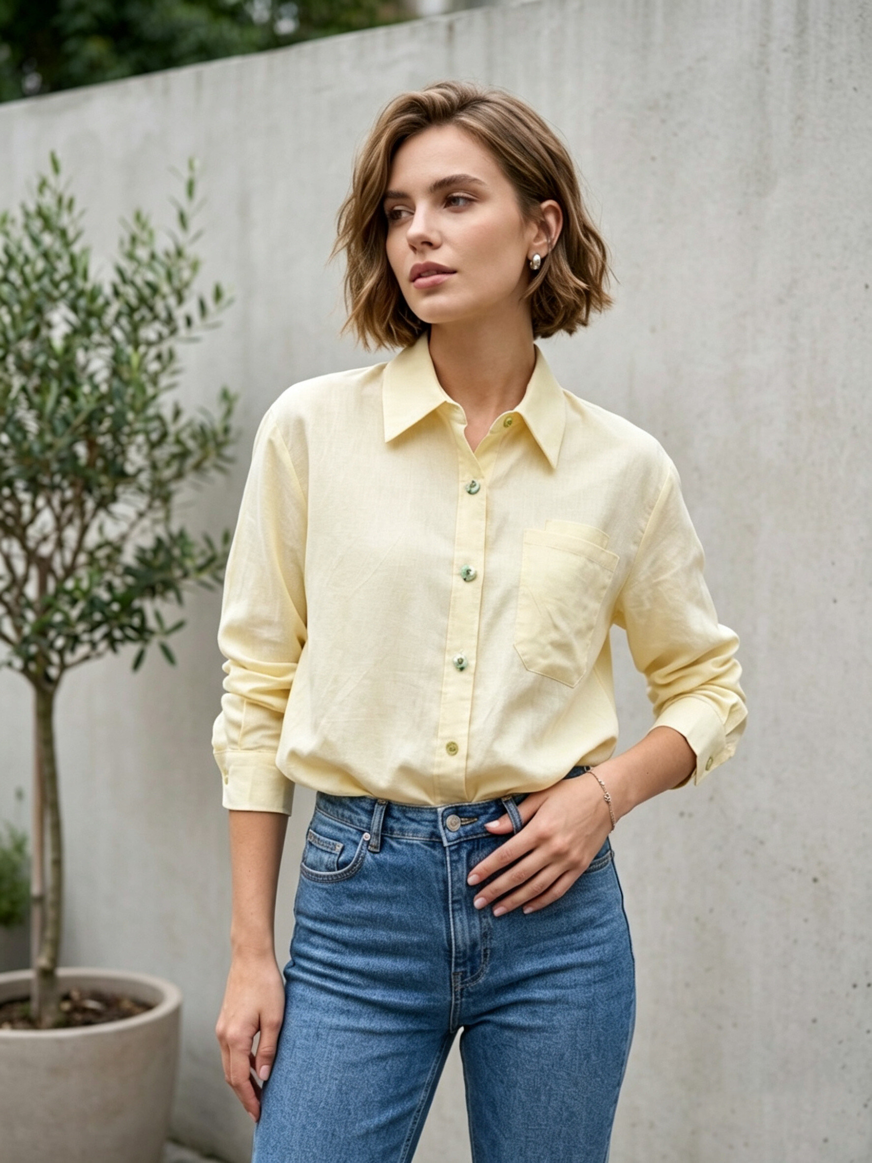 Grossista MYRACLEX - Una camicia fluida a taglio ampio con taschino sul petto e finitura minimalista