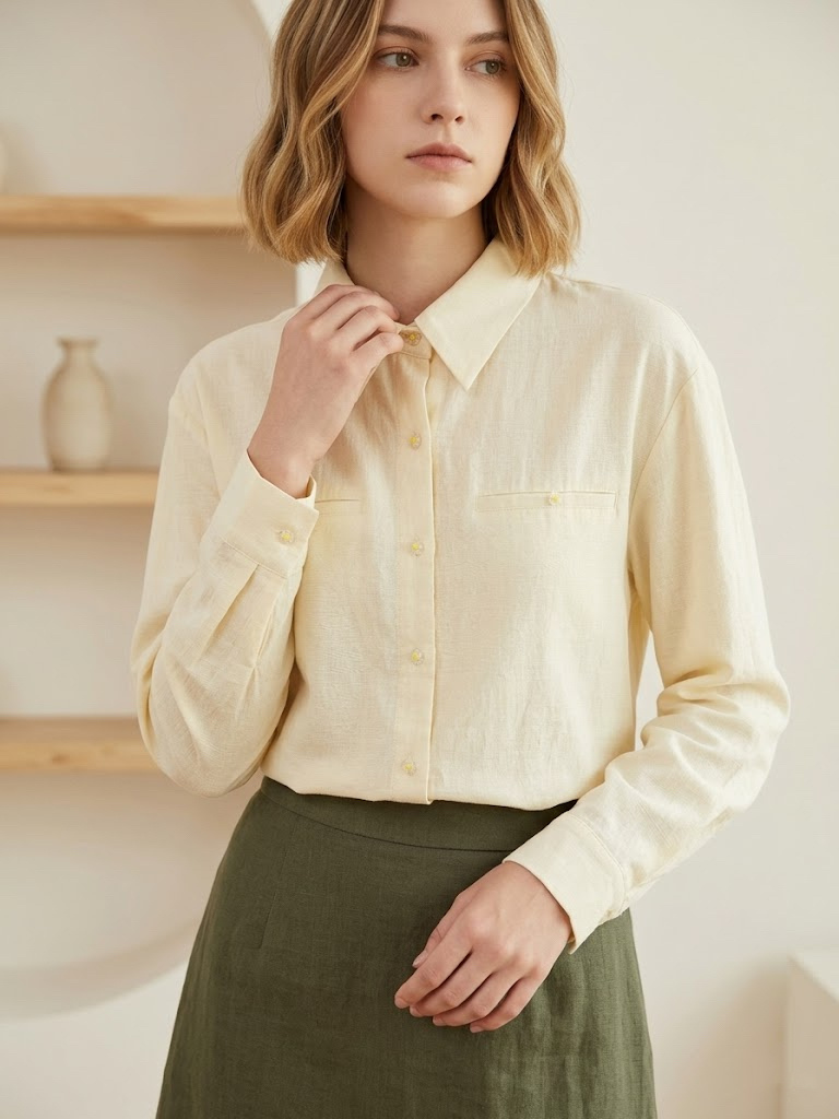 Grossista MYRACLEX - Una camicia a taglio fluido con colletto classico, arricchita da taschini decorativi sul petto e piccoli bottoni floreali