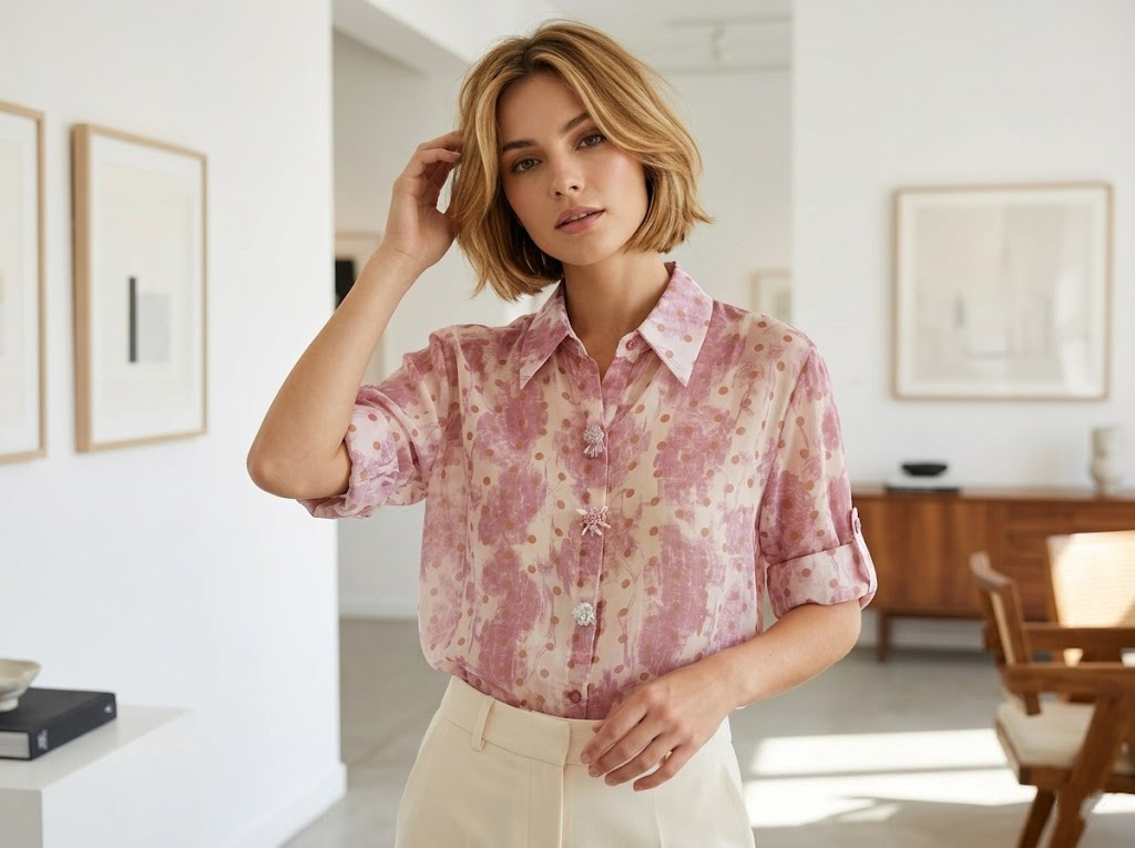 Grossista MYRACLEX - Una camicia fluida con stampa a pois ed effetto acquerello, con bottoni gioiello floreali
