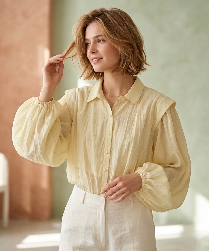 Grossista MYRACLEX - Una blusa leggera con colletto classico, spalle strutturate e maniche a sbuffo