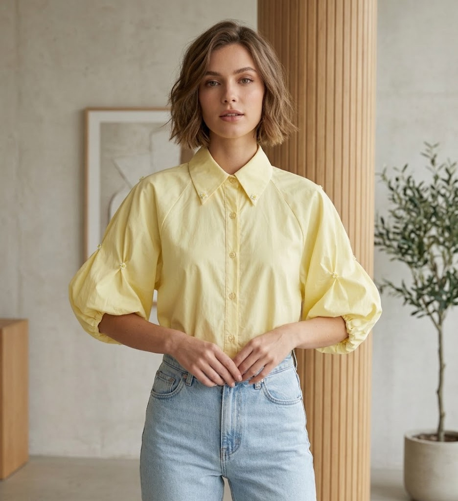 Grossista MYRACLEX - Una camicia con taglio strutturato, con maniche a sbuffo voluminose