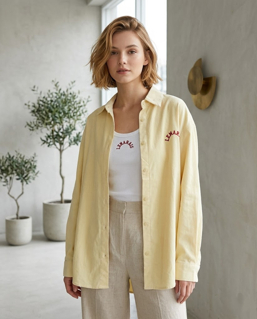 Grossista MYRACLEX - Un completo composto da una camicia oversize e un top a canotta a coste abbinato, con ricami LEMARAIS sul davanti e sul retro