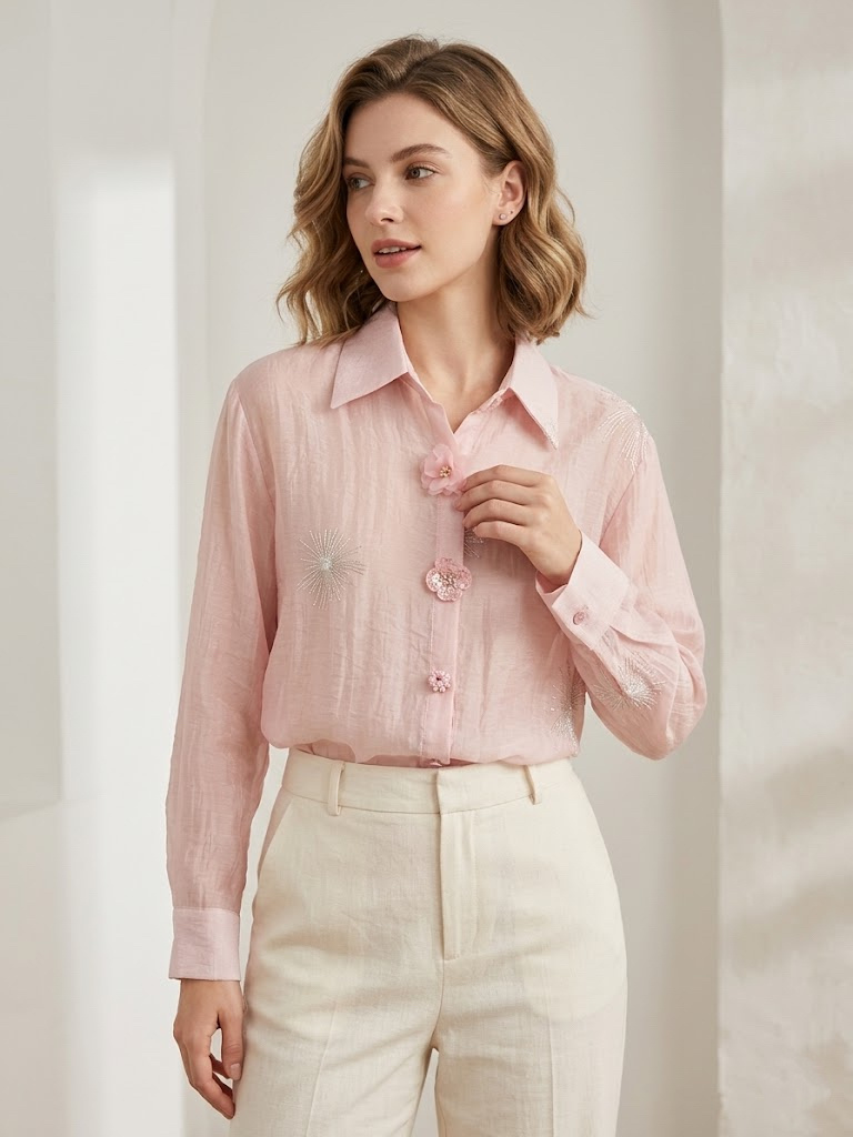 Grossista MYRACLEX - Una camicia dal taglio fluido, arricchita da bottoni decorativi a forma di fiori e ricami delicati