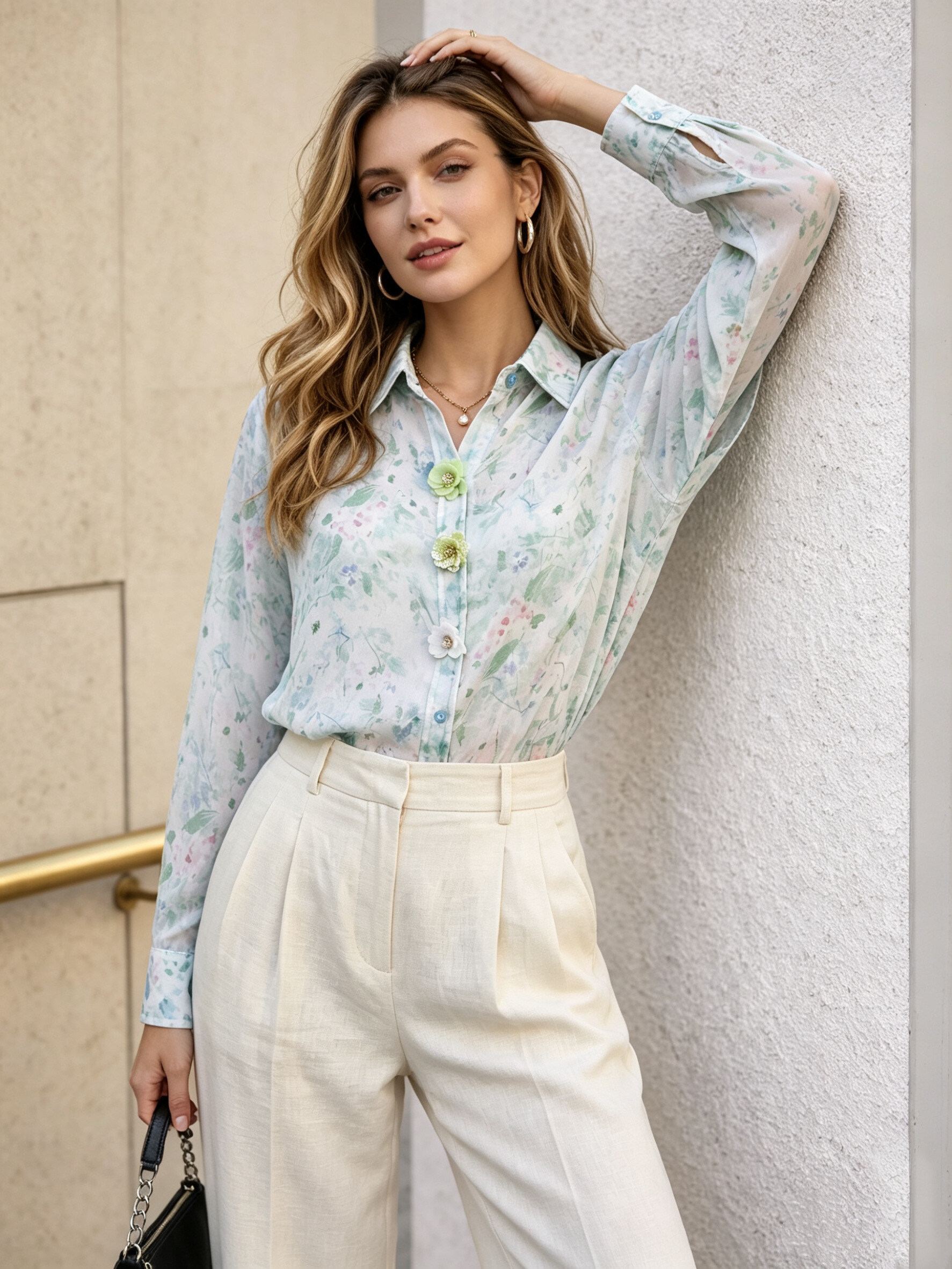 Grossista MYRACLEX - Una camicia fluida con stampa floreale pastello, con bottoni decorativi a forma di fiore