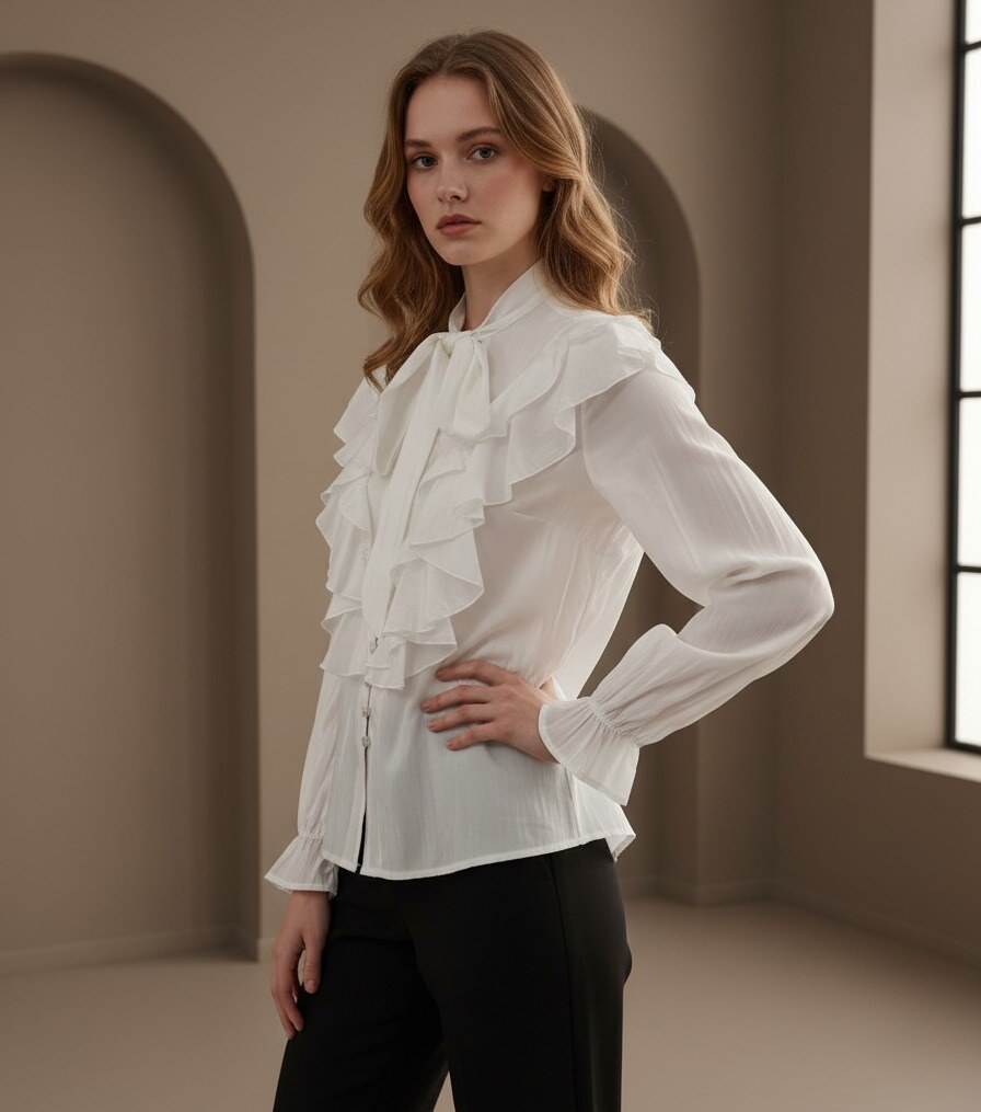 Grossista MYRACLEX - Camicia leggera con colletto a fiocco e volant. Super confortevole ed elegante.
