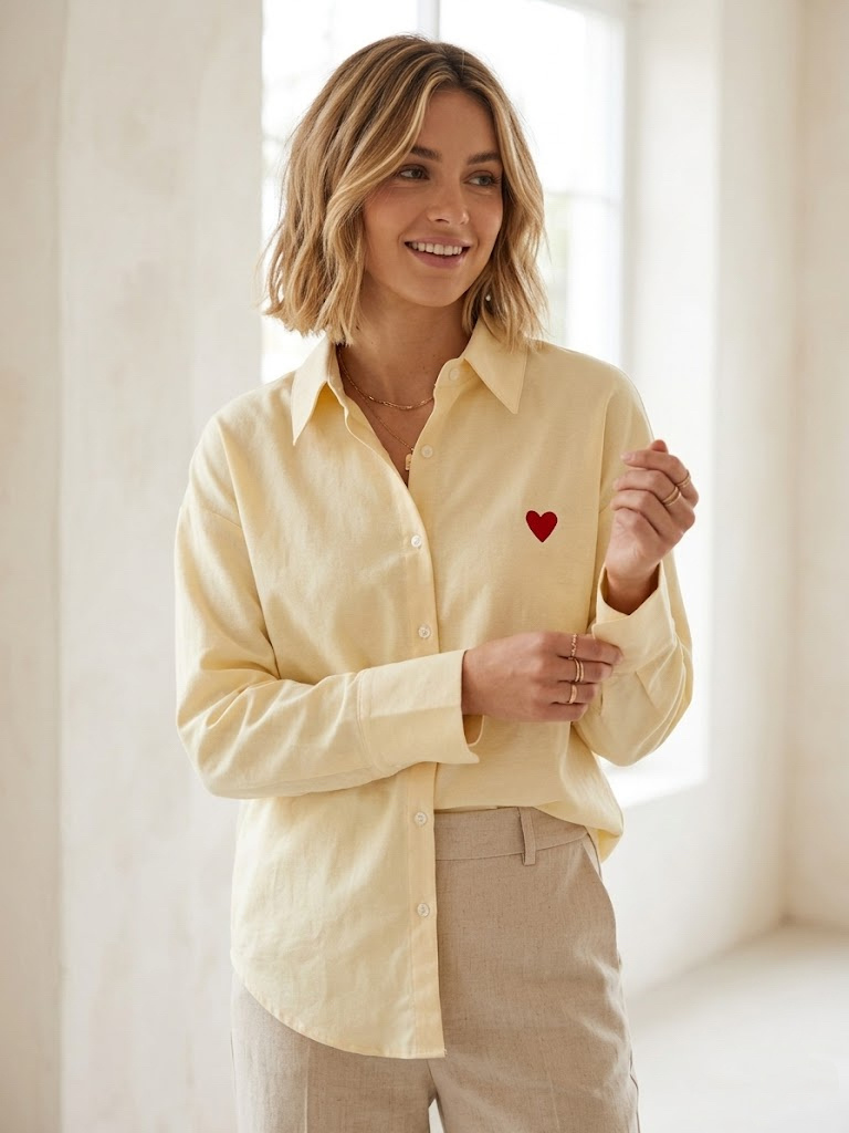 Grossista MYRACLEX - Una camicia dal taglio minimalista, impreziosita da un piccolo ricamo a cuore sul petto