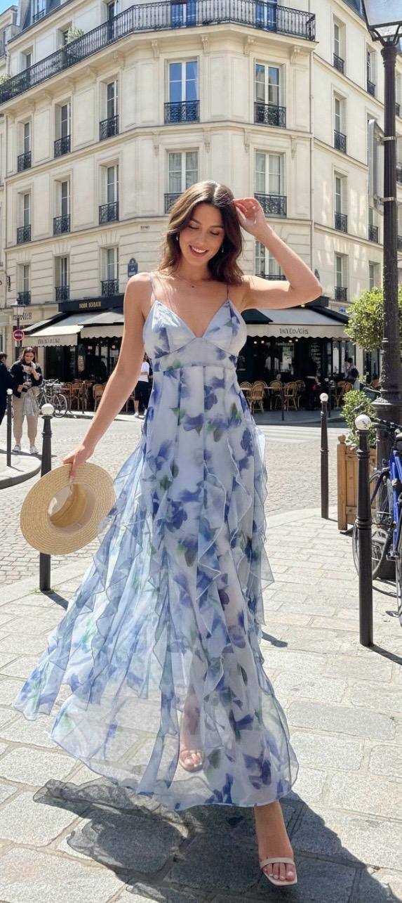 Grossista MYRACLEX - Abito lungo, motivi floreali, plissettato in basso, elegante e chic.