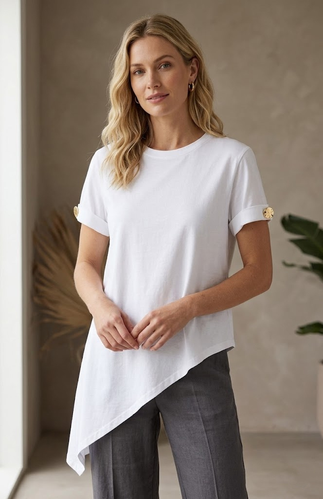 Grossiste MYRACLEX - Un t-shirt fluide à coupe asymétrique, sublimé par un ourlet irrégulier et des manches retroussées avec détail de boutons décoratifs
