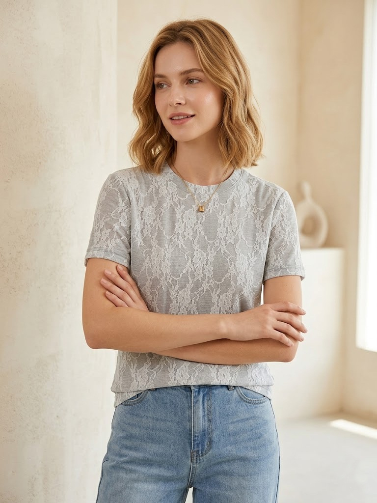 Grossiste MYRACLEX - Un t-shirt gris rehaussé d'une véritable superposition de dentelle délicate