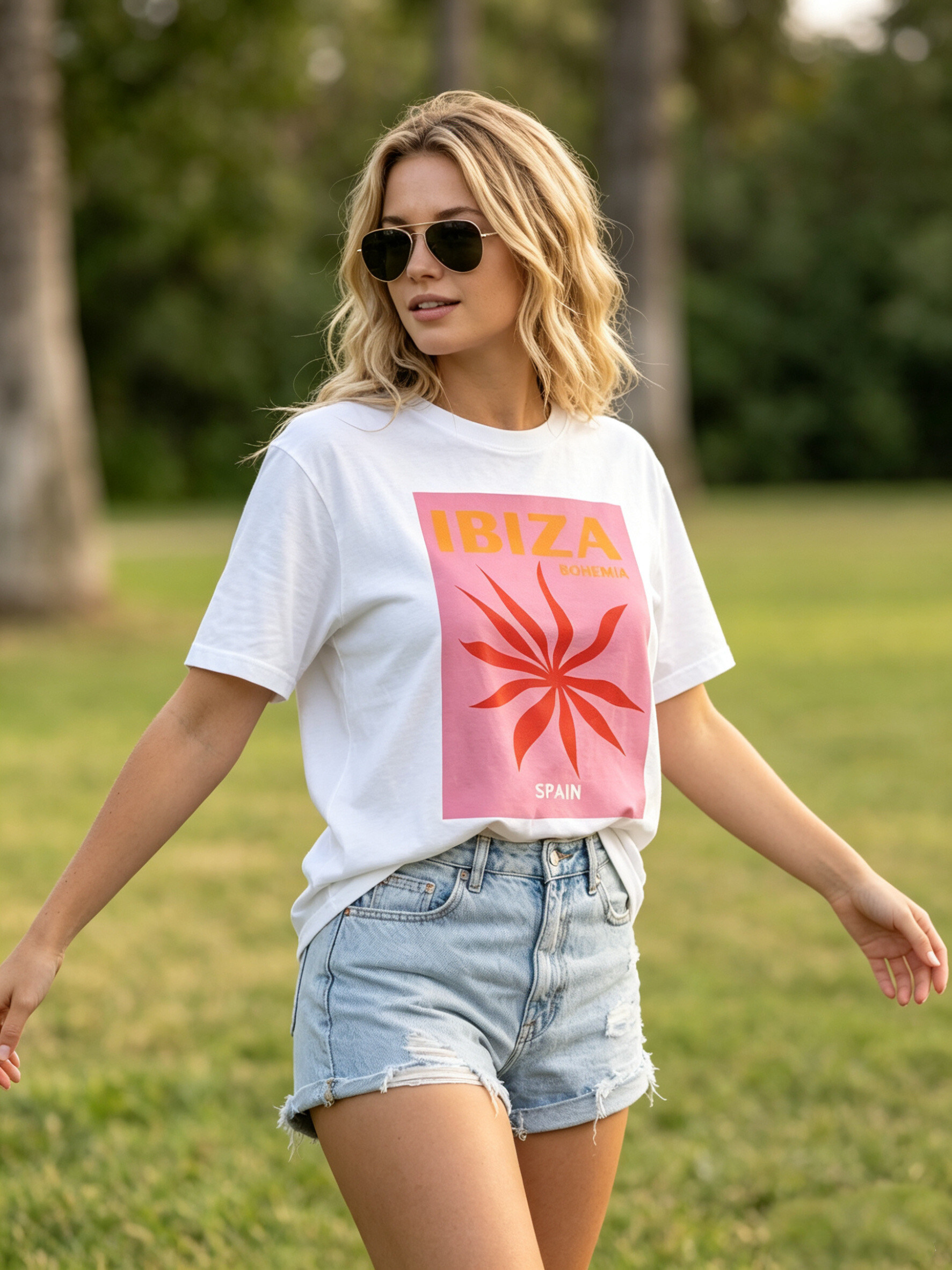 Grossista MYRACLEX - Una t-shirt a taglio morbido con stampa IBIZA e motivo sole