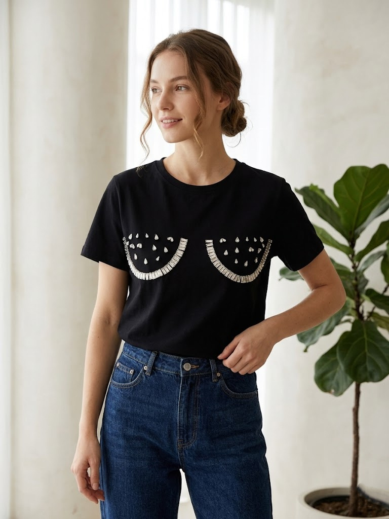 Grossiste MYRACLEX - Un t-shirt classique rehaussé de motifs graphiques en strass scintillants, apportant une touche audacieuse et originale