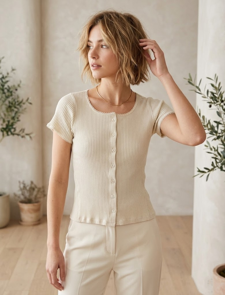 Grossista MYRACLEX - Un top a maglia a coste con maniche corte, arricchito da uno scollo delicatamente smerlato e una fila di bottoni